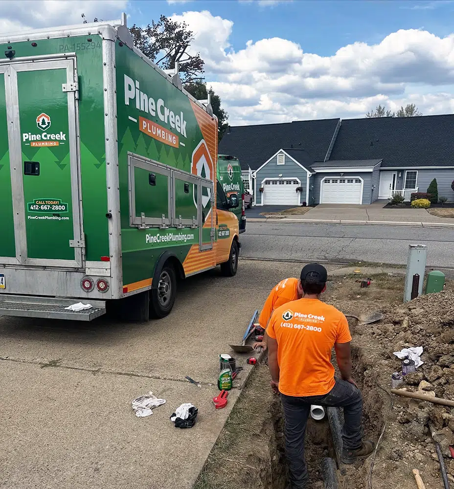 Pine Creek Plumbers repairing a damaged downspout.
A downspout’s job is to safely move rainwater from your gutters down and away from your home’s foundation. When downspouts get clogged, cracked, or disconnected, water can pool around your home leading to issues like basement leaks and foundation damage. By keeping them in good working order, you protect your home from costly water issues! 