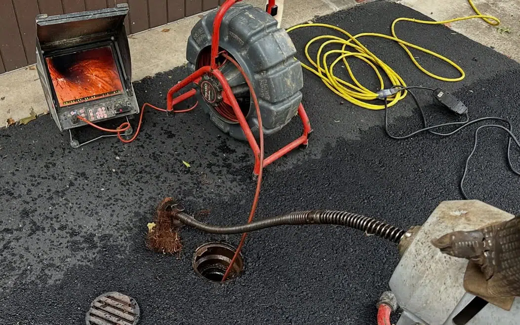 team's equipment for snaking an outdoor pipeline and removing a large pile of tree roots